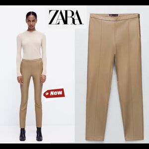 Zara Taupe Gray vegan faux leather leggings size zipper slit hem Sz S NWT